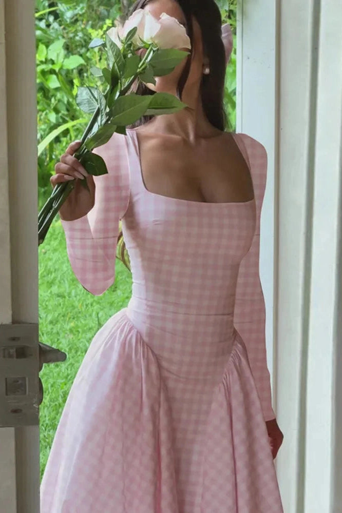 Glorol - Plaid Long Sleeve Pleated Square Collar High Waist A-line Midi Dress