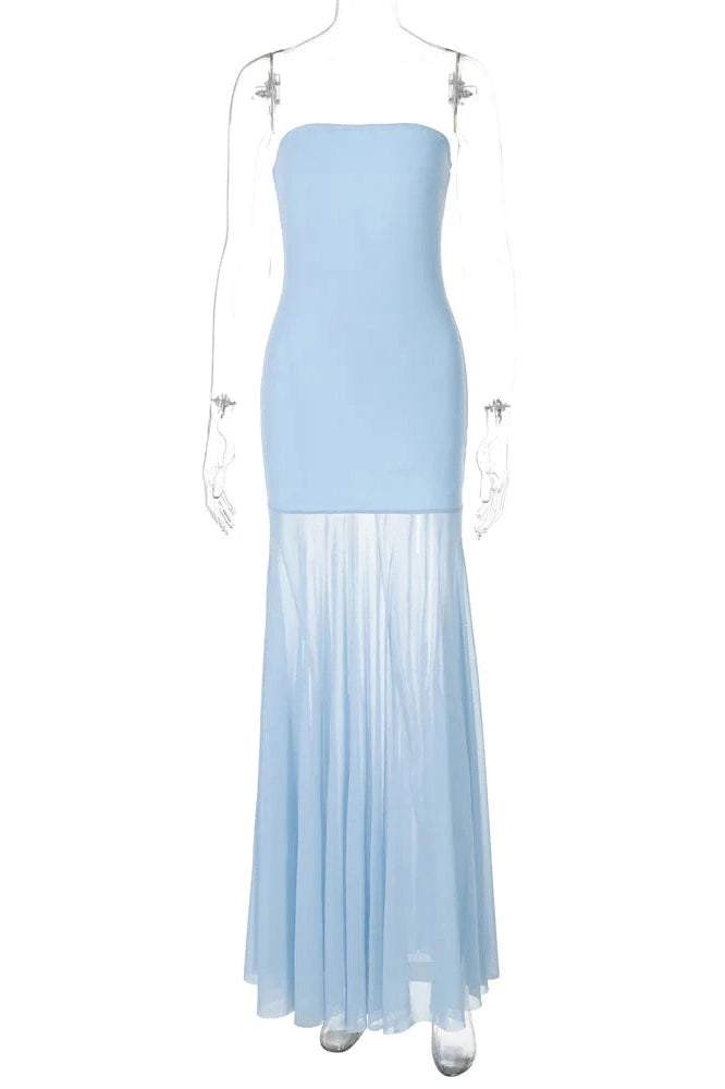 Glorol - Off-Shoulder Slim See-Through Patchwork Maxi Dress