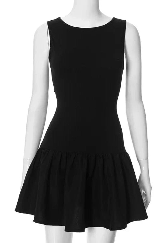 Glorol - Sleeveless Pleated High Waist Round Neck Slim Mini Dress