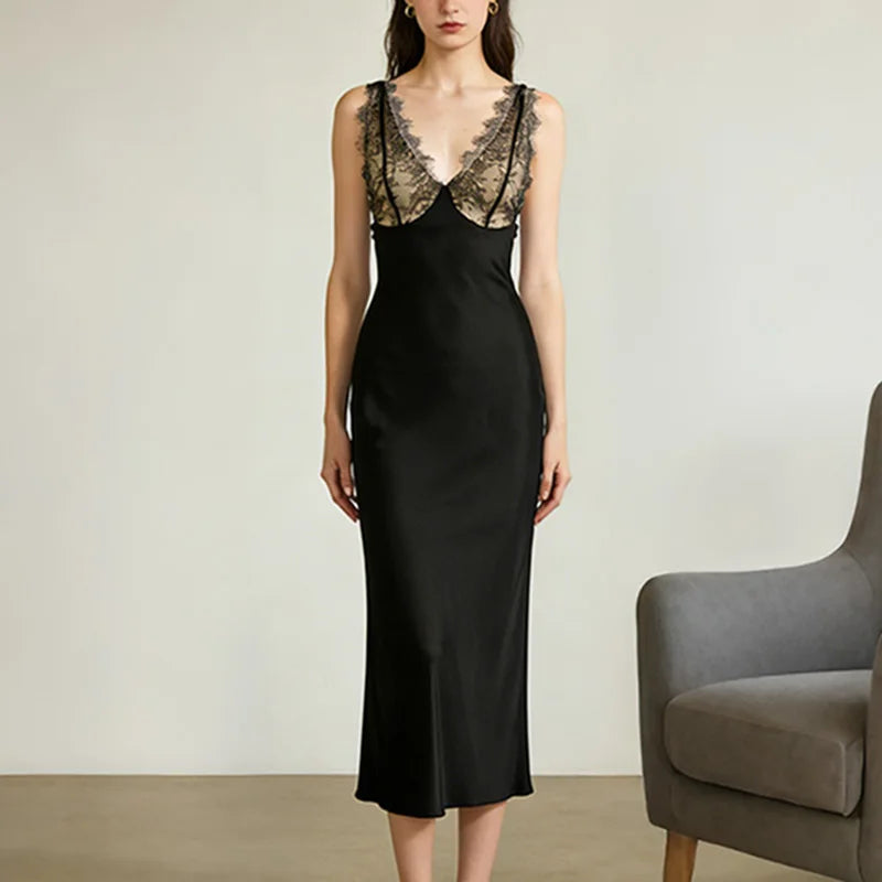 Glorol - Elegant V-Neck Patchwork Backless Maxi Dress