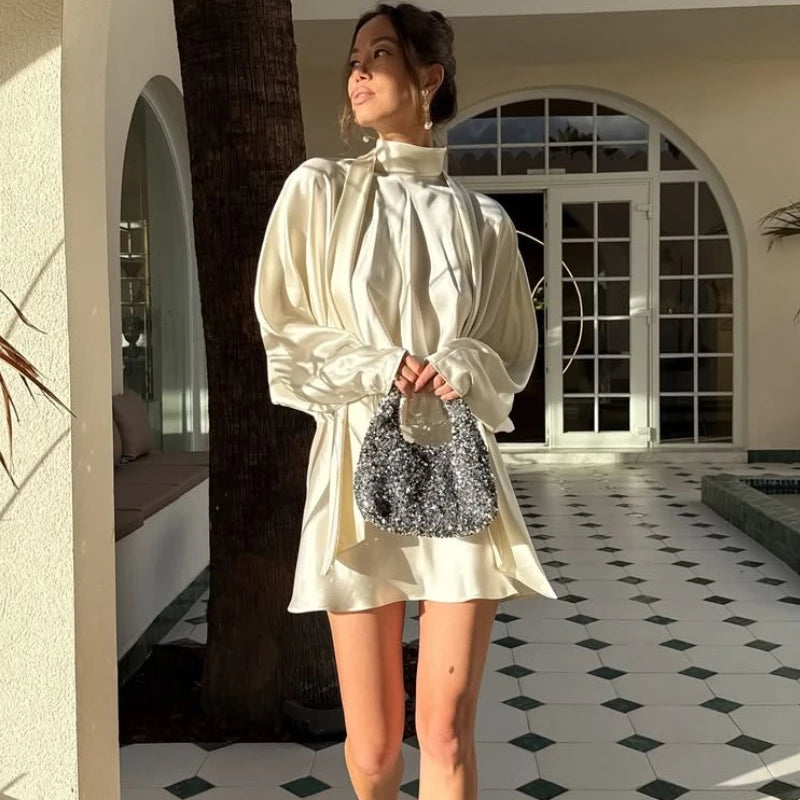 Glorol - Lace-Up Long Sleeves Loose Mini Dress