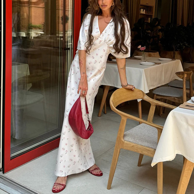 Glorol - Printed V-Neck Short Sleeve Maxi Dress
