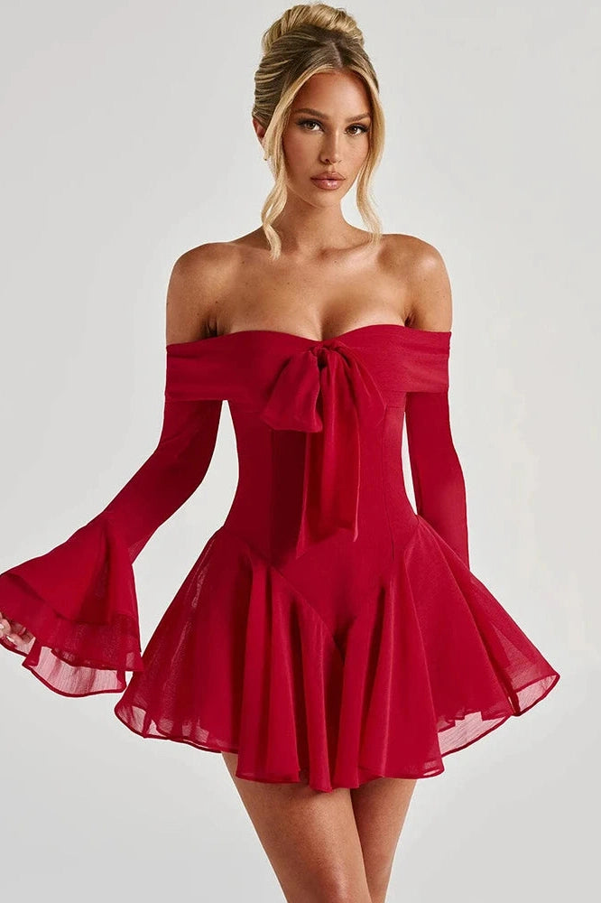 Glorol - Strapless Long Sleeve Off-Shoulder  High Waist A-line Mini Dress