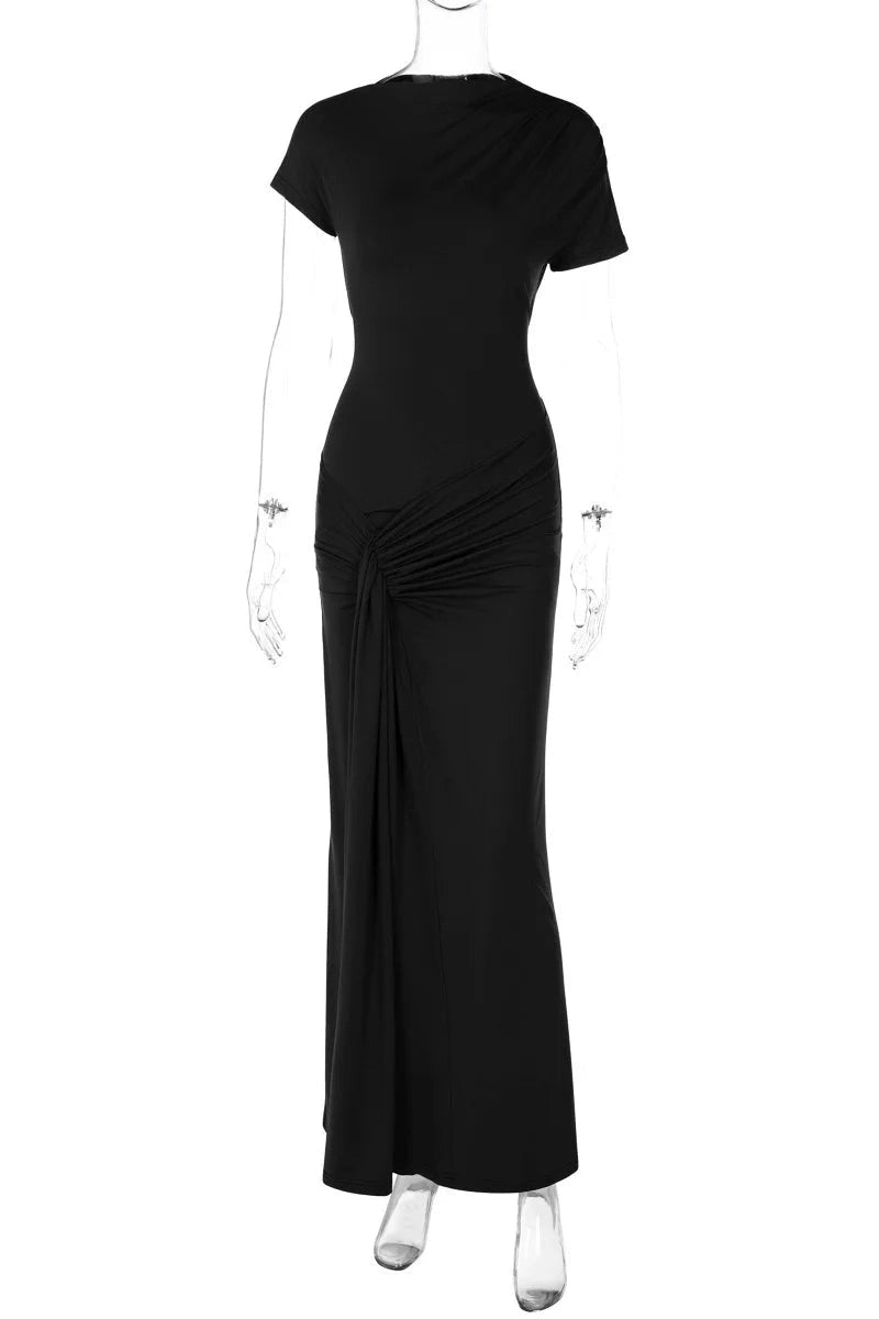 Glorol - Elegant Slim Pleated Lace Up Short Sleeve Maxi Dress