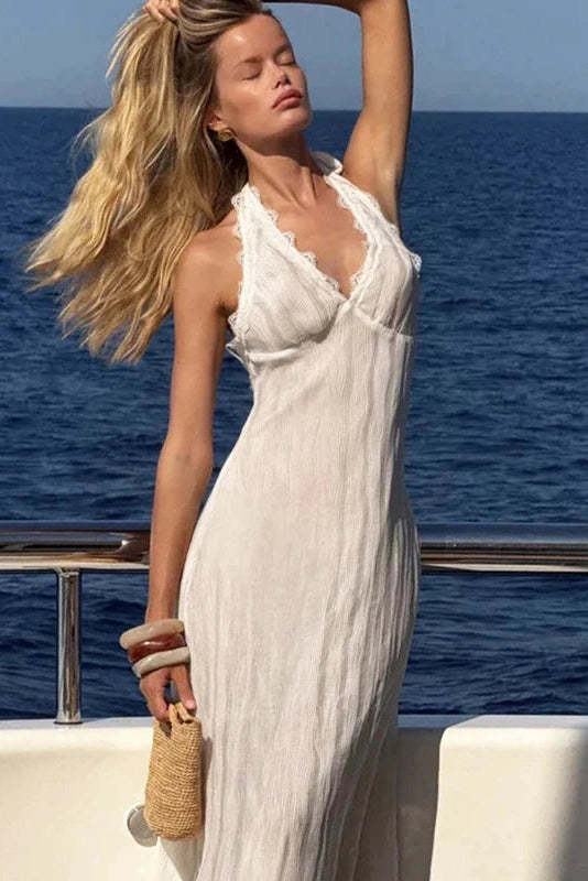 Glorol - Deep V-Neck Lace Sleeveless Backless Midi Dress