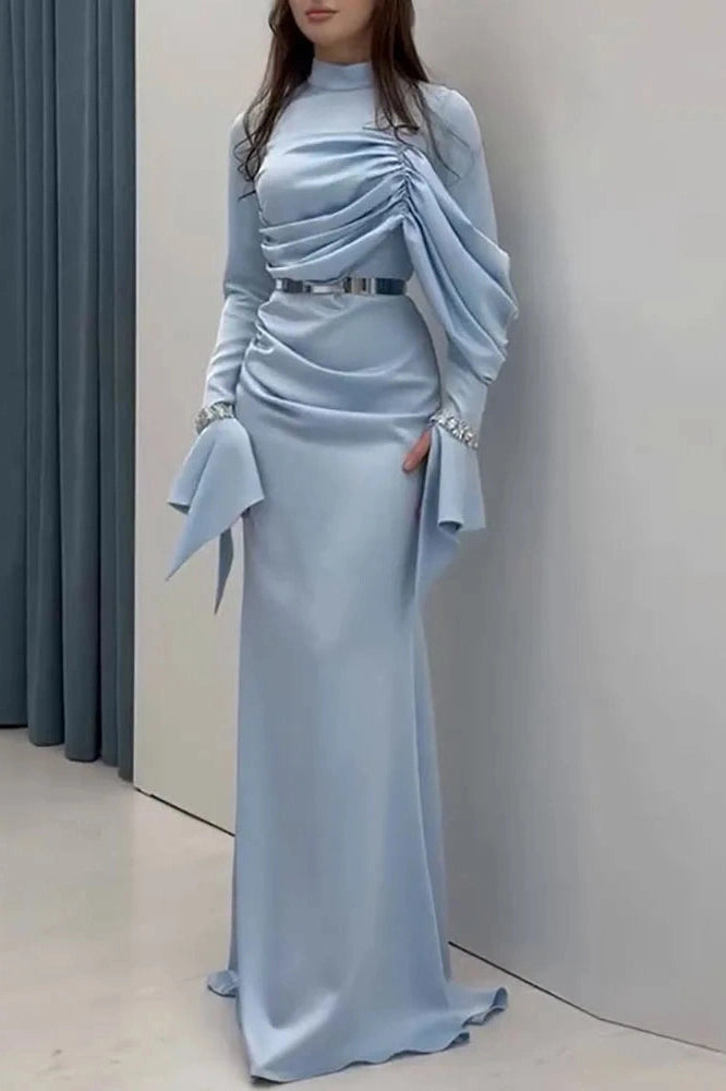 Glorol - Pleated Slim Long Sleeve High Waist Irregular Maxi Dress