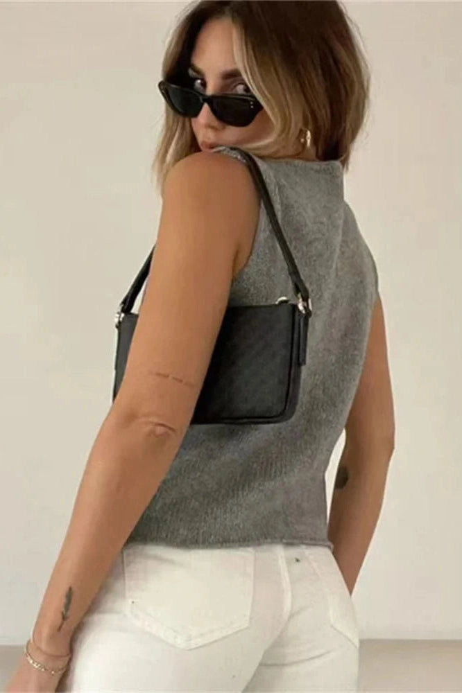 Glorol - Hollow Out Sleeveless V-Neck Slim Top