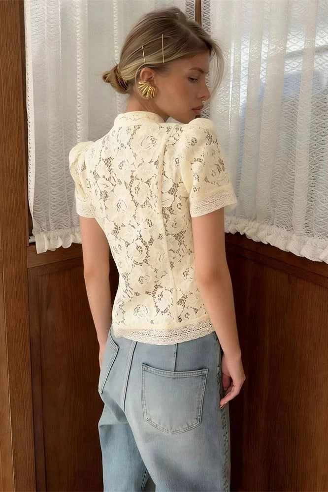 Glorol - Hollow Out Lace Short Sleeve Patchwork Top