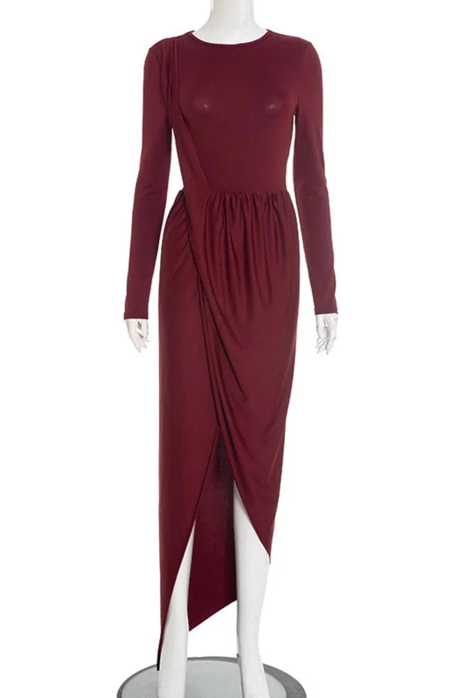 Glorol - Long Sleeve High Split O Neck Bodycon Maxi Dress