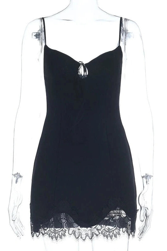 Glorol - Hollow-Out Lace Strap V-Neck Backless Slim Mini Dress