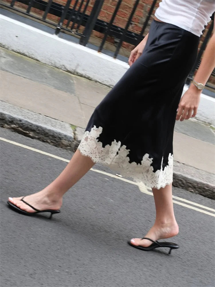 Glorol - High Waist Lace Printed Patchwork Skirt
