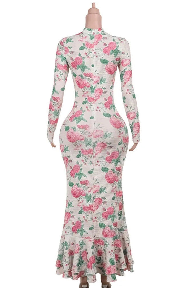Glorol - Bodycon Long Sleeve Print Zipper Maxi Dress