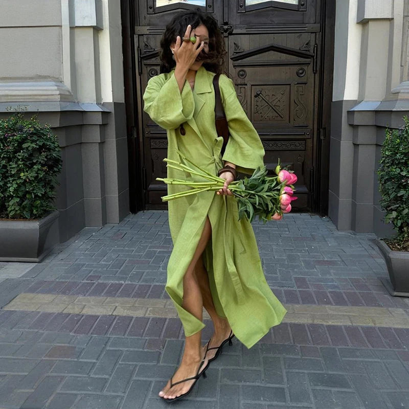 Glorol - Lace Up Long Sleeve Loose Maxi Dress