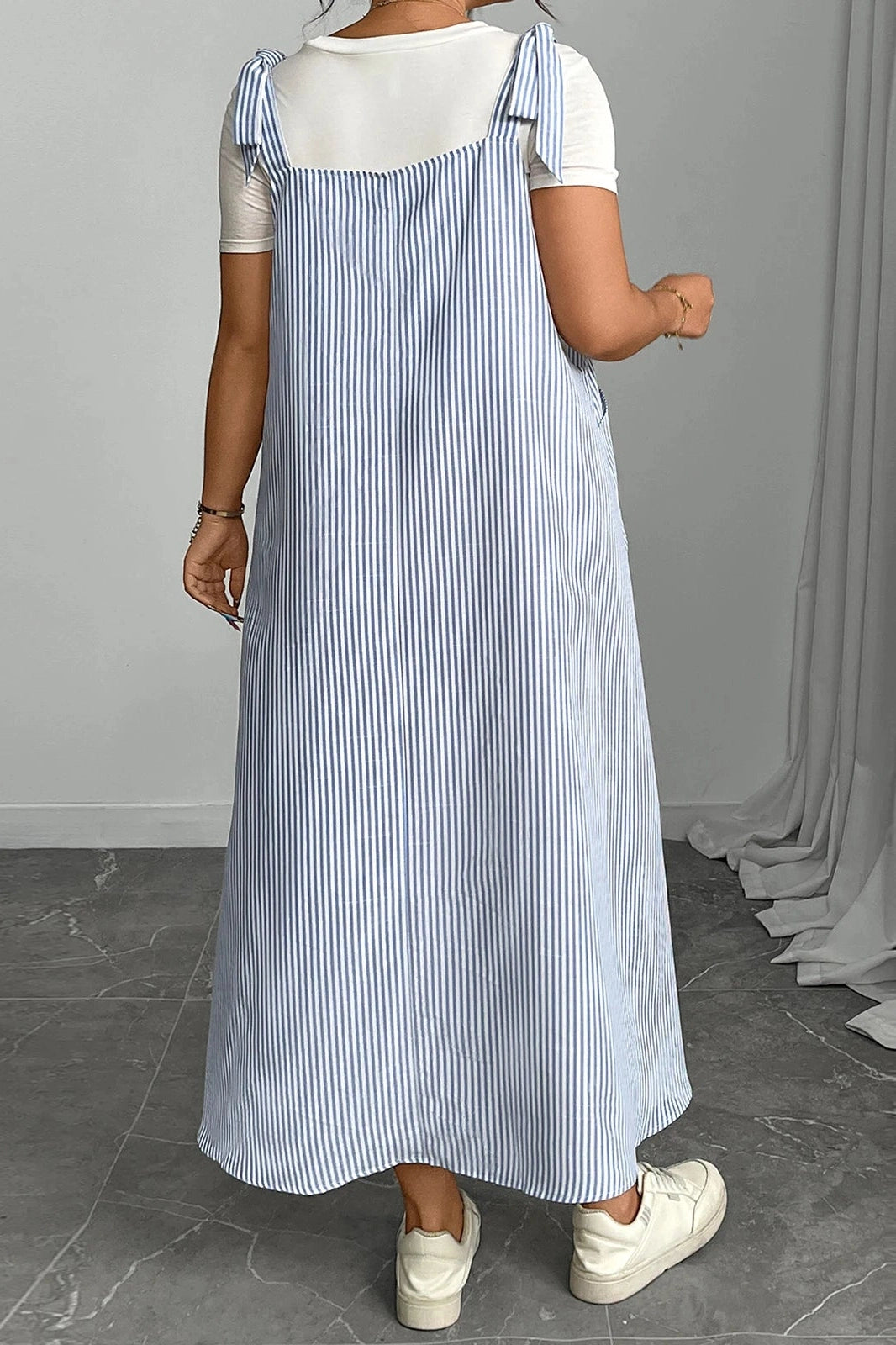 Glorol - Sleeveless Tie Shoulder Striped Loose Maxi Dress