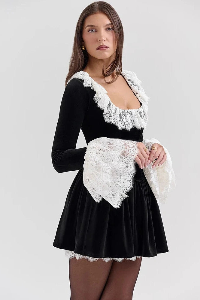 Glorol - Lace Flare Long Sleeve High Waist Pleated Mini Dress