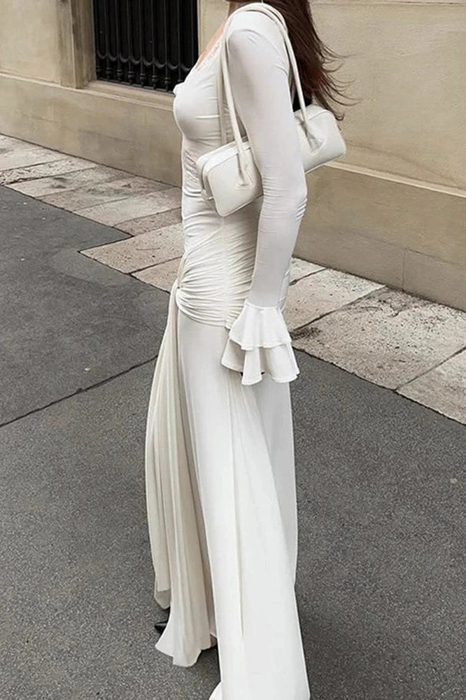 Glorol - Hollow Out Long Sleeve Pleated V-Neck Lace Slim Maxi Dress