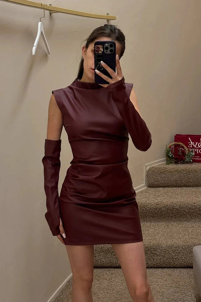 Glorol - Elegant Sleeveless PU Leather Zipper Pleated Mini Dress