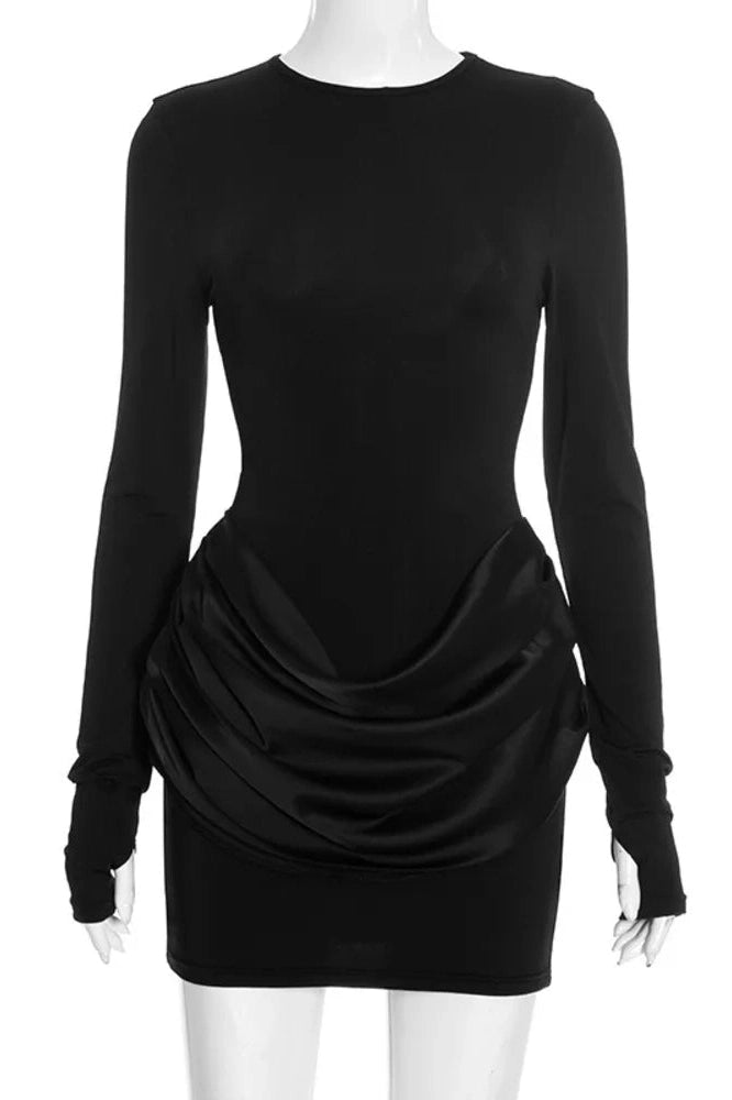 Glorol - Long Sleeve Patchwork O Neck High Waist Mini Dress