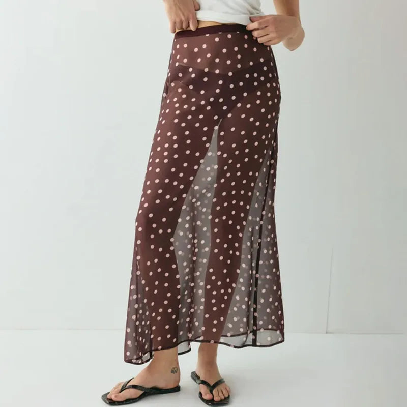 Glorol - High Waist Polka Dot See Through Printed Skirt