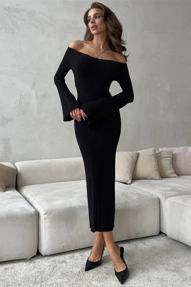Glorol - Off-Shoulder High Waist Slim Long Sleeve Maxi Dress