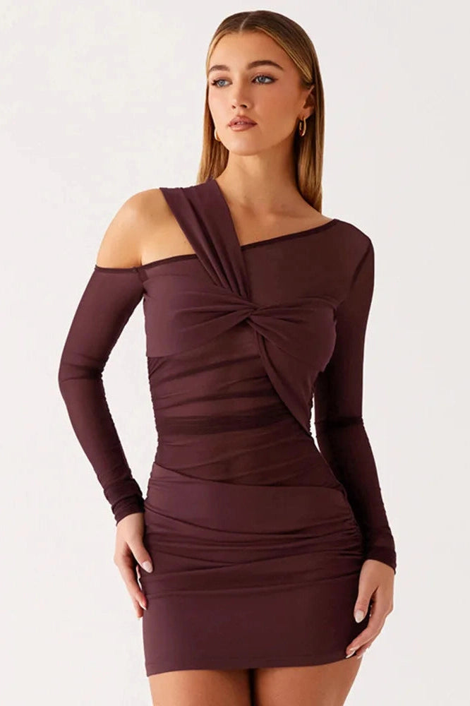 Glorol - Inclined Shoulder Long Sleeve See Through Backless Mini Dress