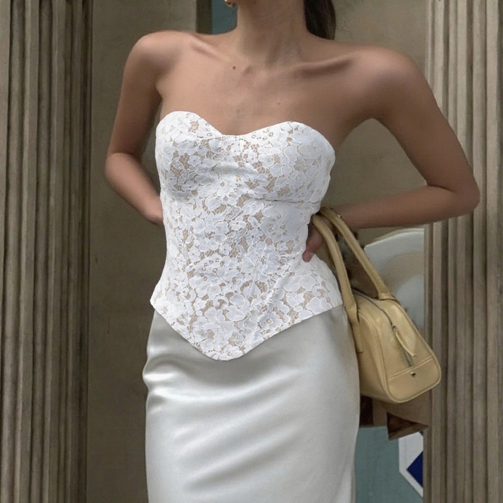 Glorol - Sleeveless Off-Shoulder Strapless Lace Slim Top