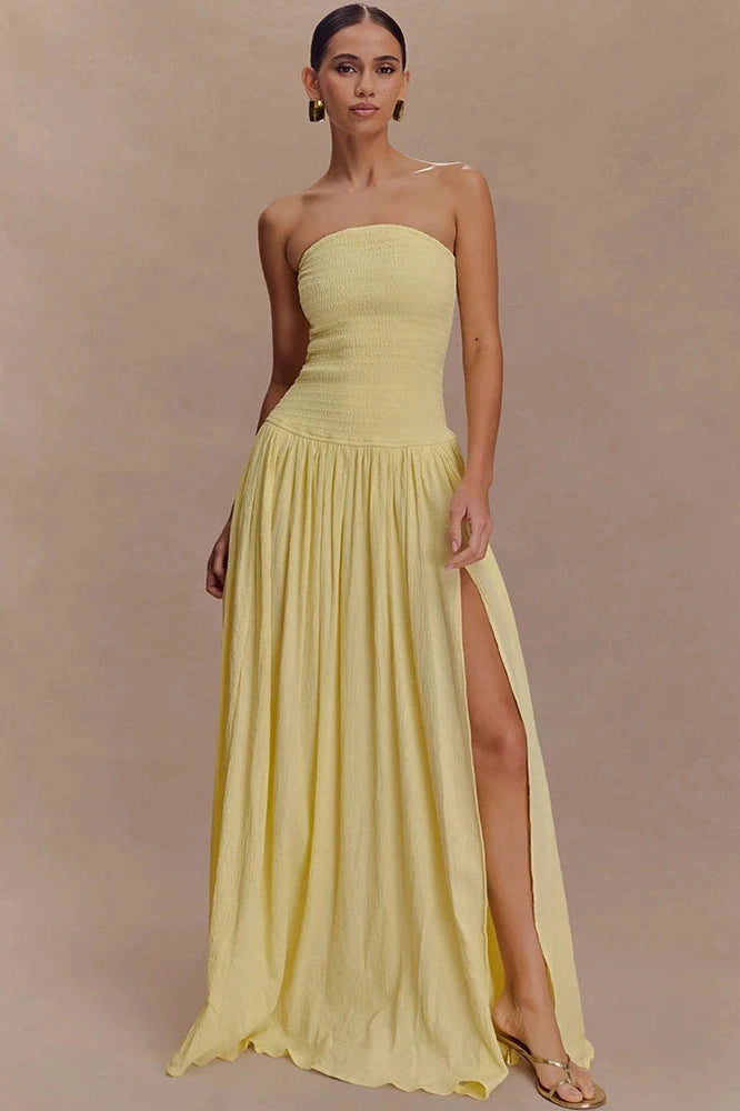 Glorol - Off-Shoulder Strapless Sleeveless Backless High Split Pleated Maxi Dress