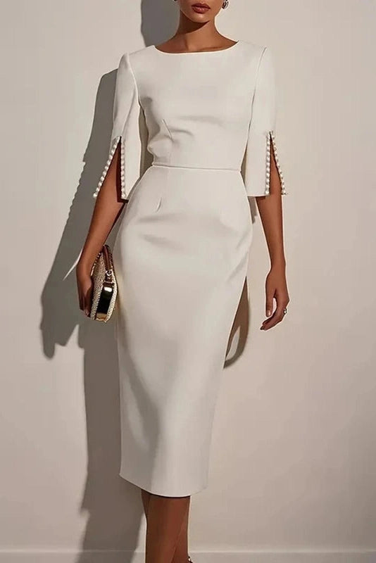 Glorol - Elegant O Neck Split Half Sleeve Slim Midi Dress