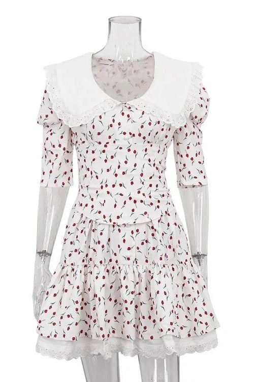 Glorol - Elegant Lace-Up Slim Lace Short Sleeve Mini Dress
