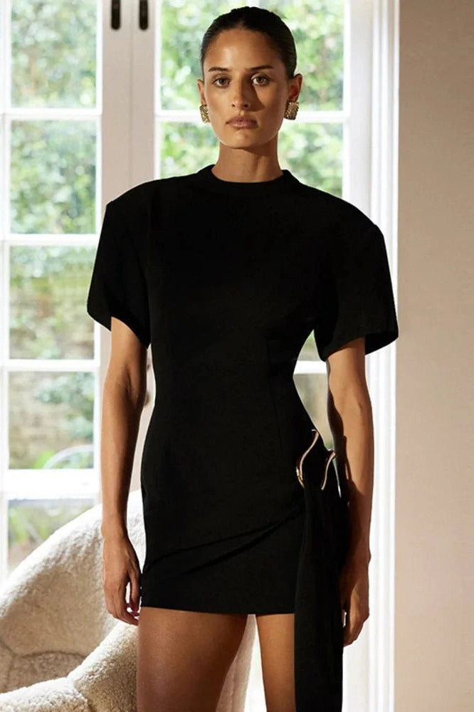 Glorol - Short Sleeve Metal Buckle O Neck Bodycon Mini Dress