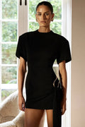 Glorol - Short Sleeve Metal Buckle O Neck Bodycon Mini Dress