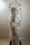 Glorol - Printed Off-Shoulder Sleeveless Backless Bodycon Maxi Dress