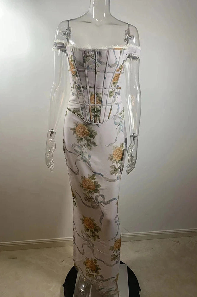 Glorol - Printed Off-Shoulder Sleeveless Backless Bodycon Maxi Dress
