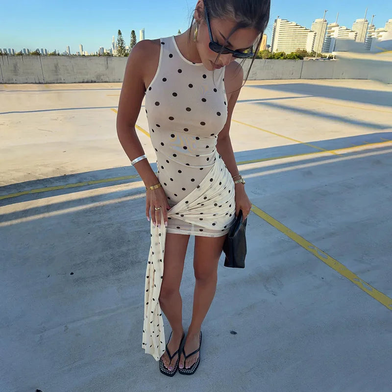 Glorol - Polka Dot See-Through Sleeveless Slim Mini Dress