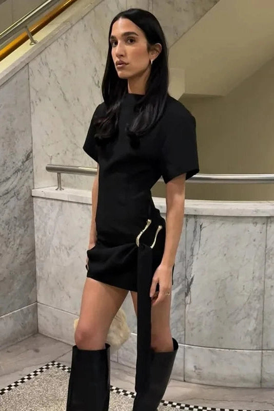 Glorol - Elegant Round Neck Short-Sleeved Mini Dress