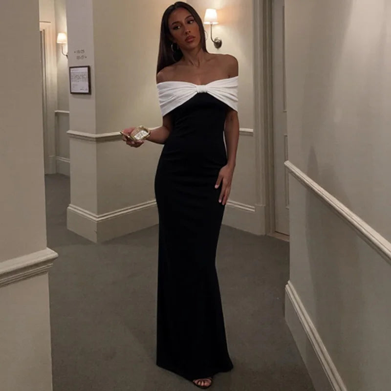 Glorol - Off Shoulder Patchwork Backless Maxi Dress