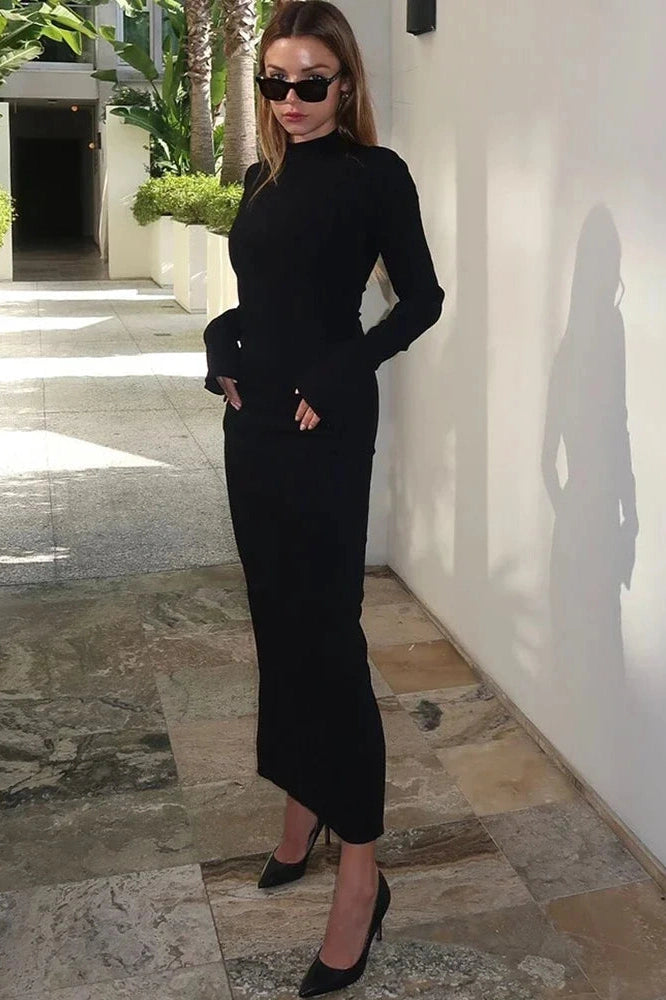 Glorol - Elegant Turtleneck Long Sleeve Maxi Dress