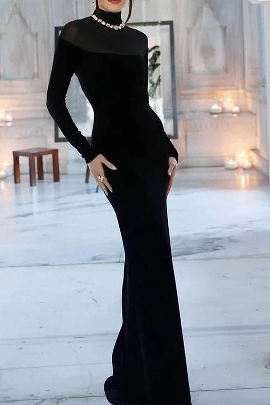 Glorol - Elegant Slim High Collar Long Sleeve Bodycon Maxi Dress