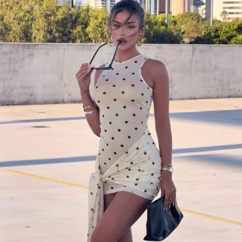 Glorol - Polka Dot Lace-Up Printed Patchwork Sleeveless Mini Dress