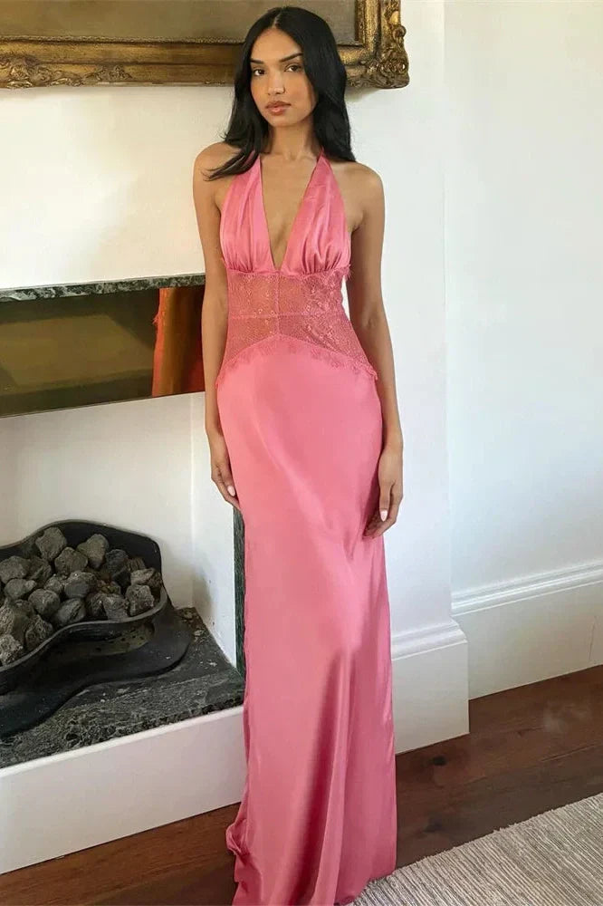 V-Neck Lace Patchwork See-Through High Waist Maxi Dress