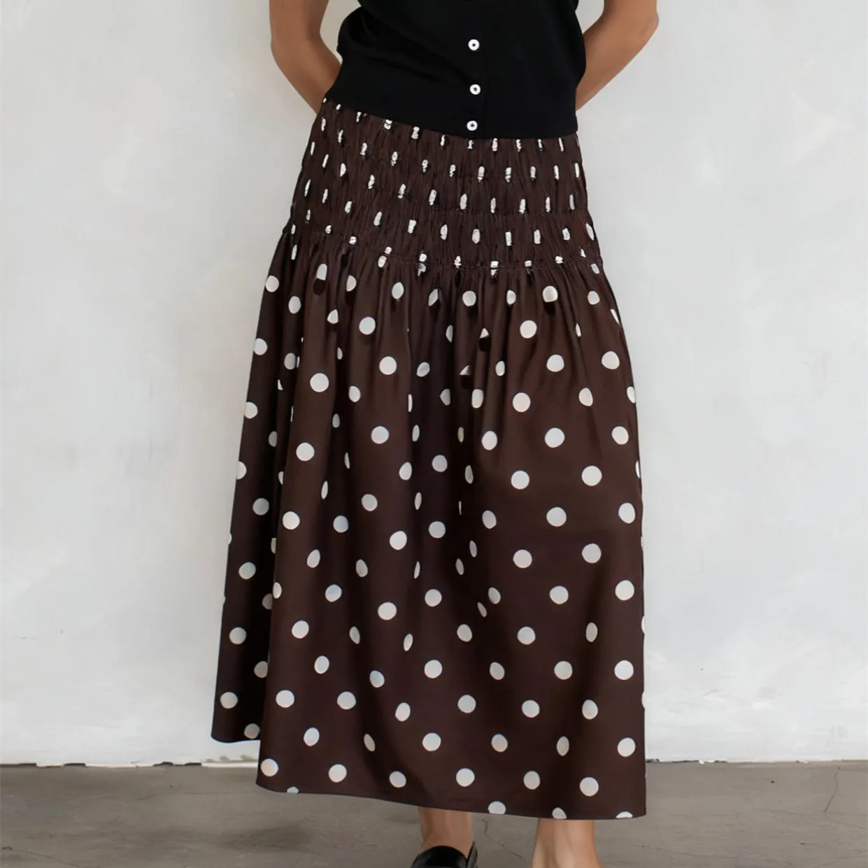 Glorol - Elegant Low Waist Dots Print Flowy Skirt