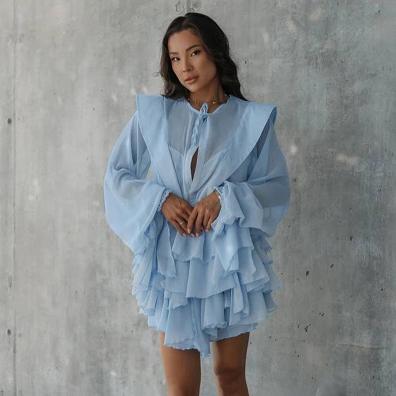 Glorol - See-Through Long Sleeve Lace Up Mini Dress