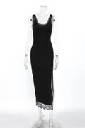 Glorol - Lace Patchwork V-Neck Sleeveless Printed Maxi Dress