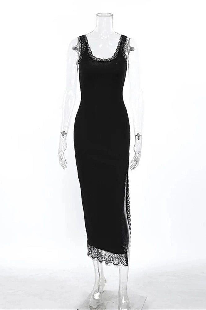 Glorol - Lace Patchwork V-Neck Sleeveless Printed Maxi Dress