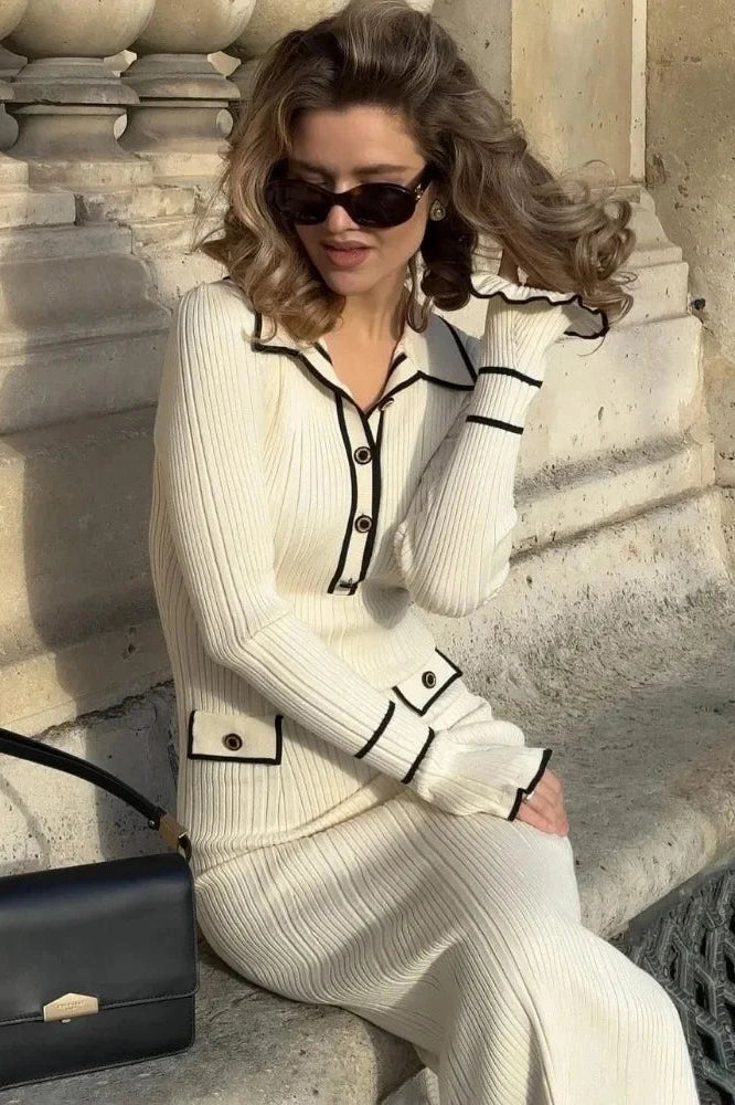 Glorol - Knitted High Waist Long Sleeve Midi Dress