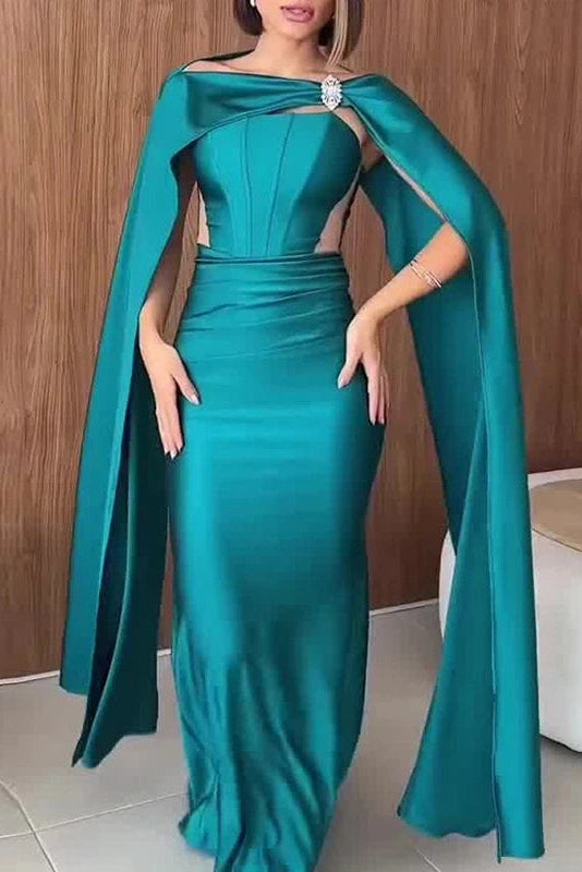 Glorol - Hollow Out Shawl Long Sleeve High Waist Pleated Maxi Dress