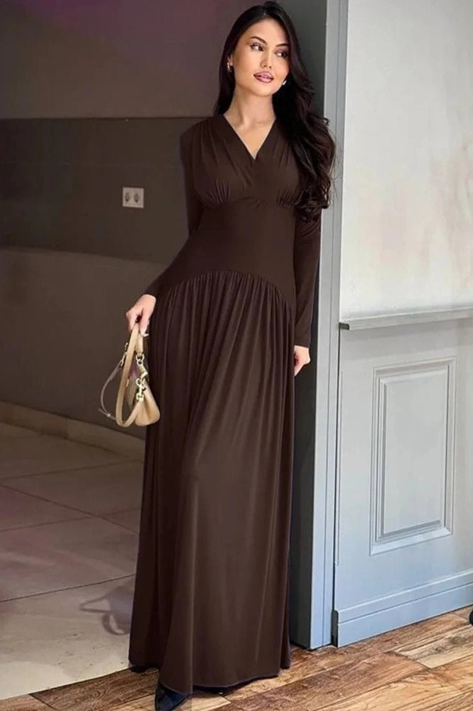 Glorol - Long Sleeve V Neck High Waist Slim Pleated Maxi Dress