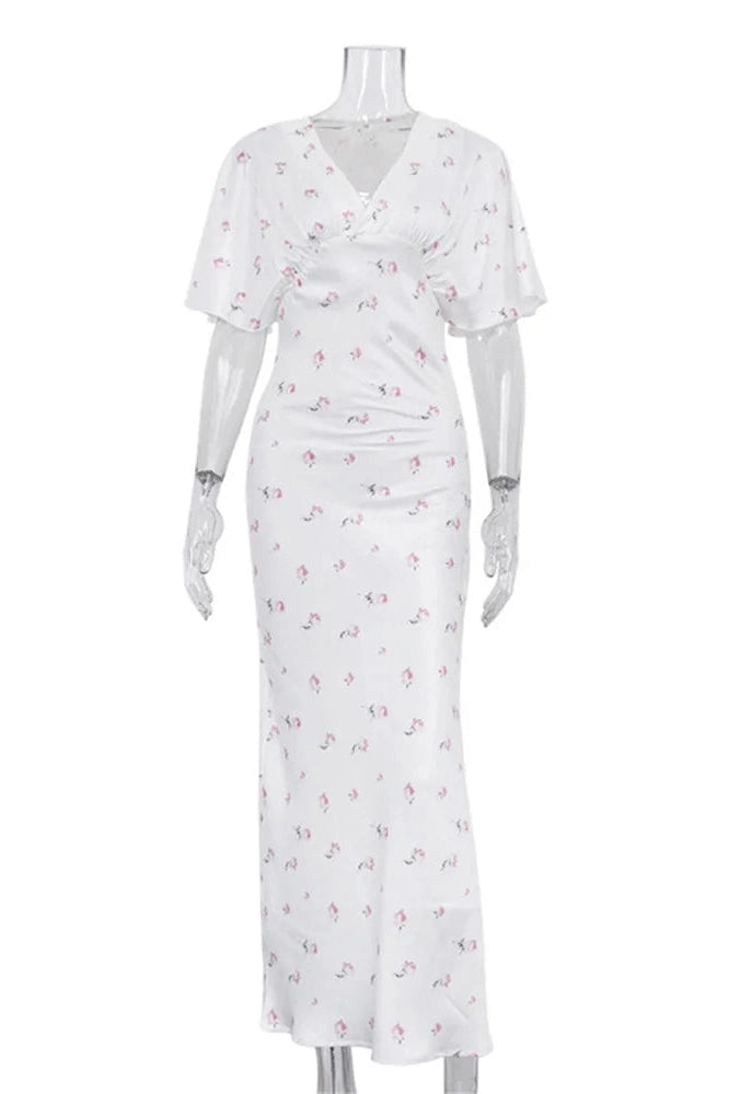 Glorol - Printed V-Neck High Waist Slim Maxi Dress