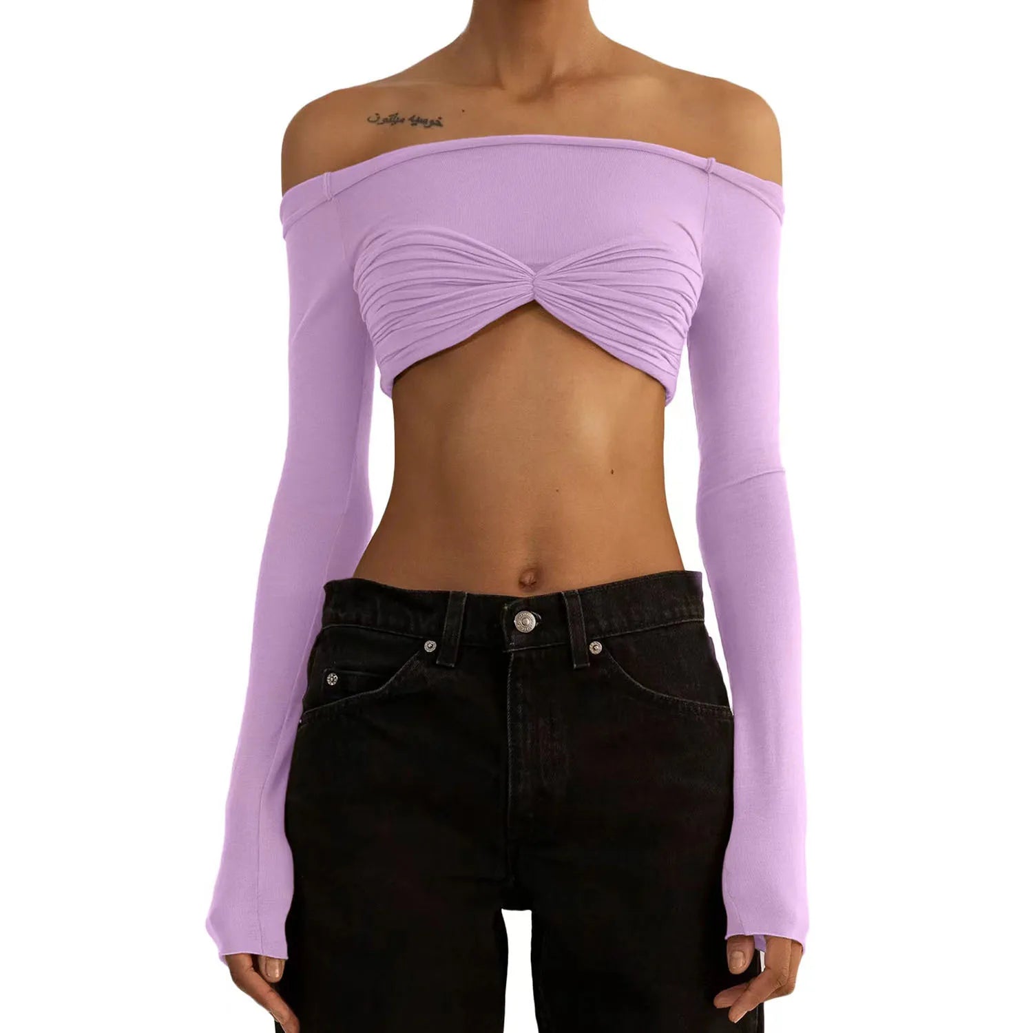 Glorol - See-Through Off-Shoulder Lace Long Sleeve Top