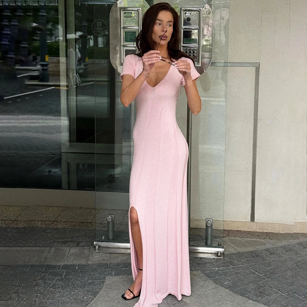 Glorol - Elegant V-Neck Split Patchwork Maxi Dress